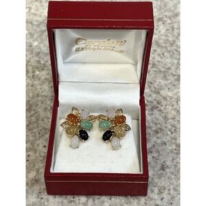 14K Yellow Gold Multicolor Jade Clip On Earrings Approx. 7g Vintage